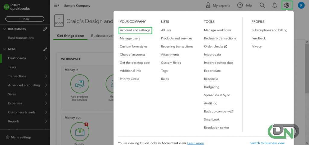 Step 2:Select the ‘Account and Settings’ from the dropdown’s Your Company’s section 