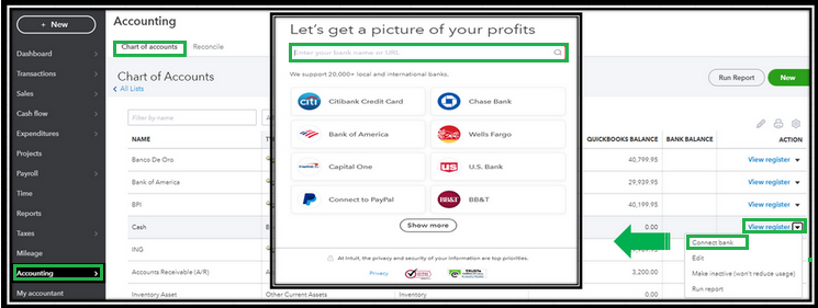 Click on chart of accounts select the view register