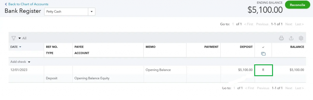 Navigate to the Reconcile Status column after finding the transaction