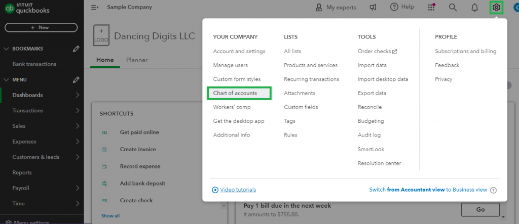 Select the Gear icon and click Chart of accounts