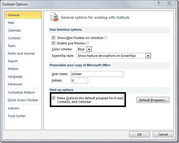 Set outlook as default email program Screenshot