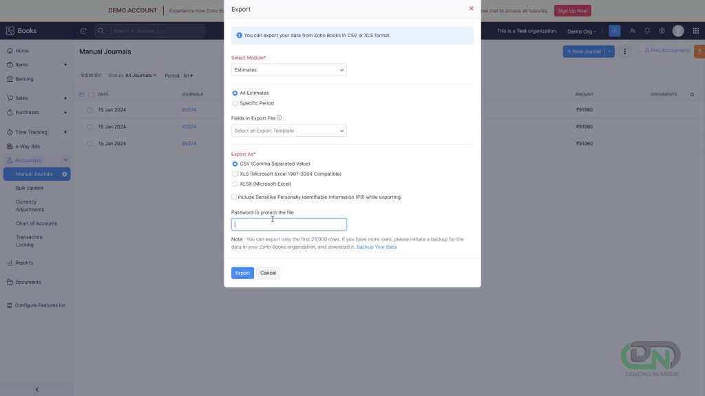 date range and format for the data exported from Zoho