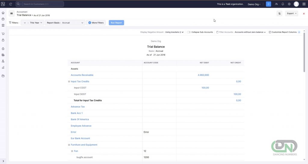 export reports such as Trial Balance and other key financial statements