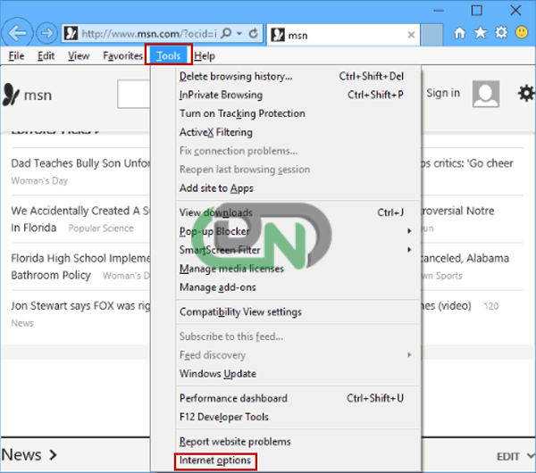 open internet options in tools menu